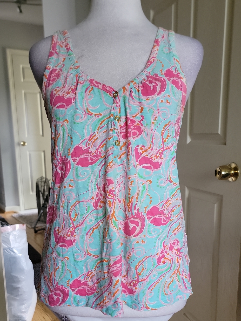 Lilly Pulitzer Aqua Tank with Pink Floral Swirl Print